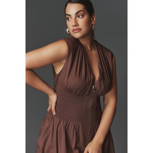 Anthropologie The Tommie Zip-Front Midi Dress Maeve Brown Medium M NEW - Picture 6 of 7